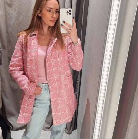 Zara Pink Plaid Women's Coat - Picture 3 of 13